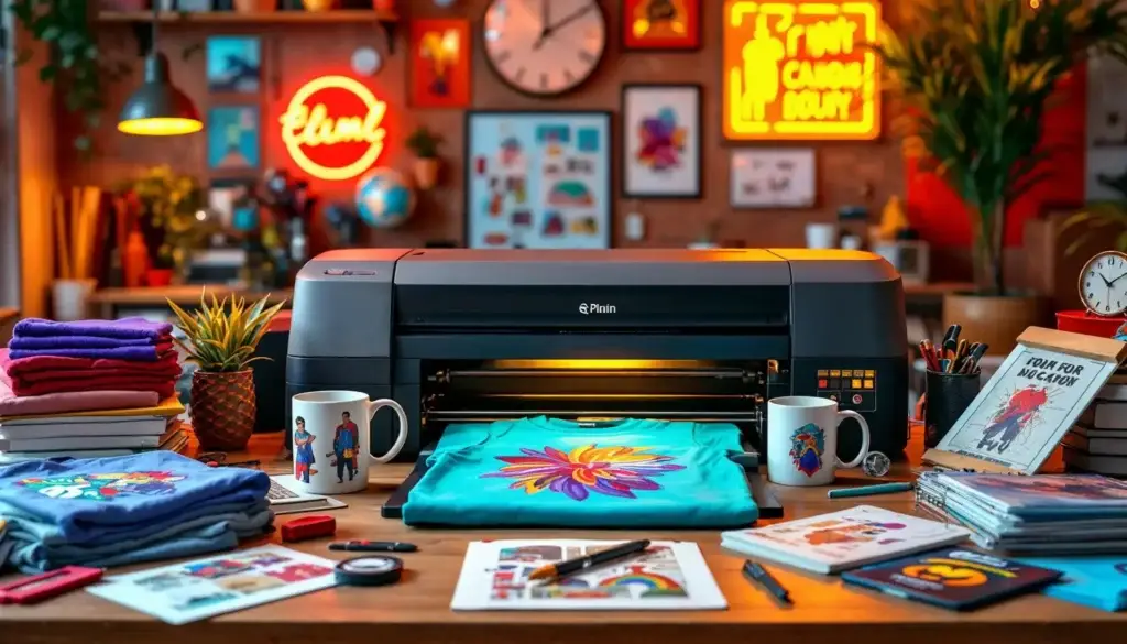 Print-on-demand workspace showing heat press printer, custom t-shirts, and design materials for creating personalized merchandise