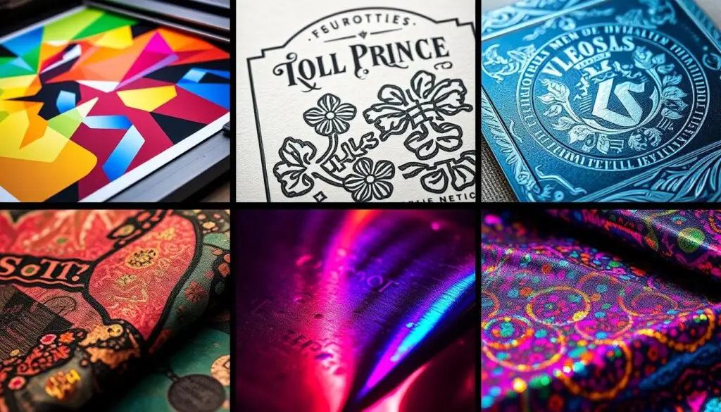 Collection of specialty printing techniques showing holographic, metallic, geometric, and embossed designs demonstrating advanced printing capabilities