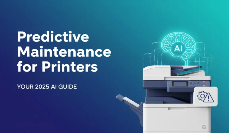 An illustration for a guide on predictive maintenance for printers, showing a modern printer with a glowing AI brain icon and a maintenance alert symbol.