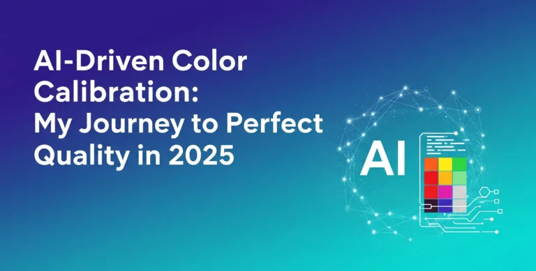Feature image with a blue-to-turquoise gradient background. Text reads "AI-Driven Color Calibration: My Journey to Perfect Print Quality in 2025." A graphic shows the letters "AI" inside a neural network sphere next to a series of color swatches.