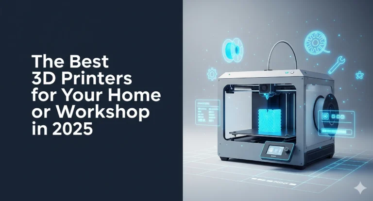 A futuristic 3D printer in a dark, tech-inspired setting, with glowing blue holographic icons representing spools of filament, gears, tools, and digital interfaces. The text "The Best 3D Printers for Your Home or Workshop in 2025" is prominently displayed on the left side of the image.